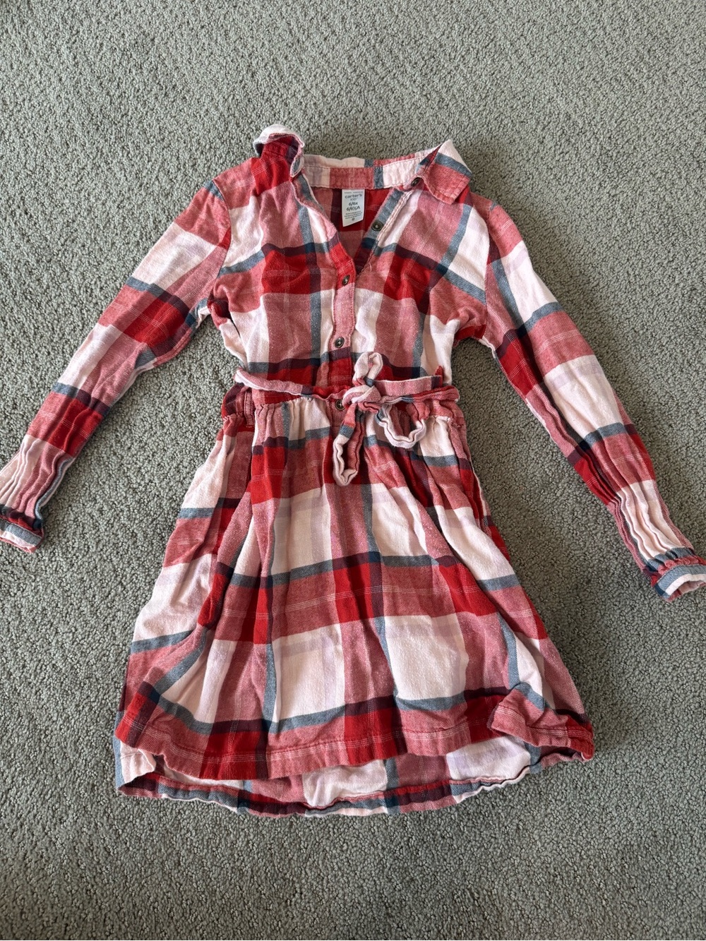 Carter’s Girls 6 6X Red Pink Plaid Shirt Dress Long Sleeve Belted Cotton